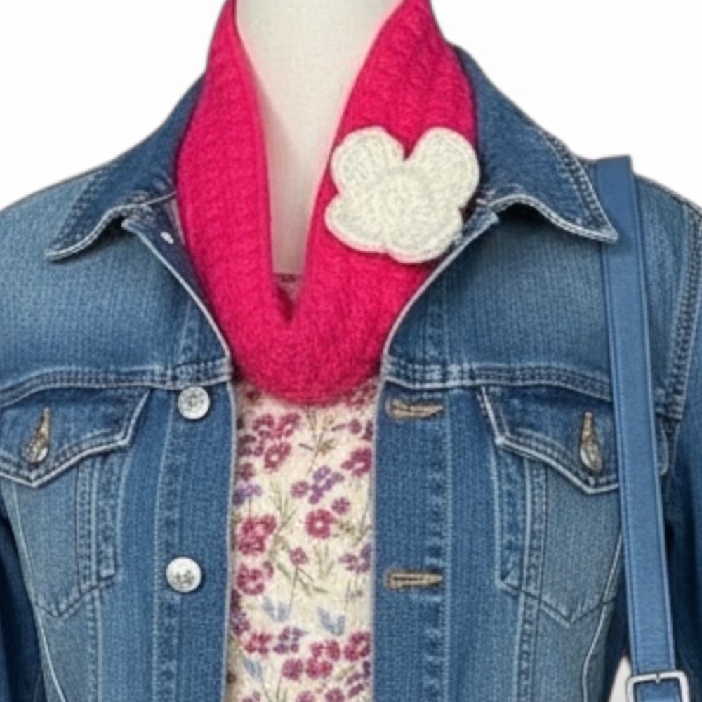 Handmade Crochet Headband Ear Warmer Hot Pink Flower Button Winter Cottagecore
